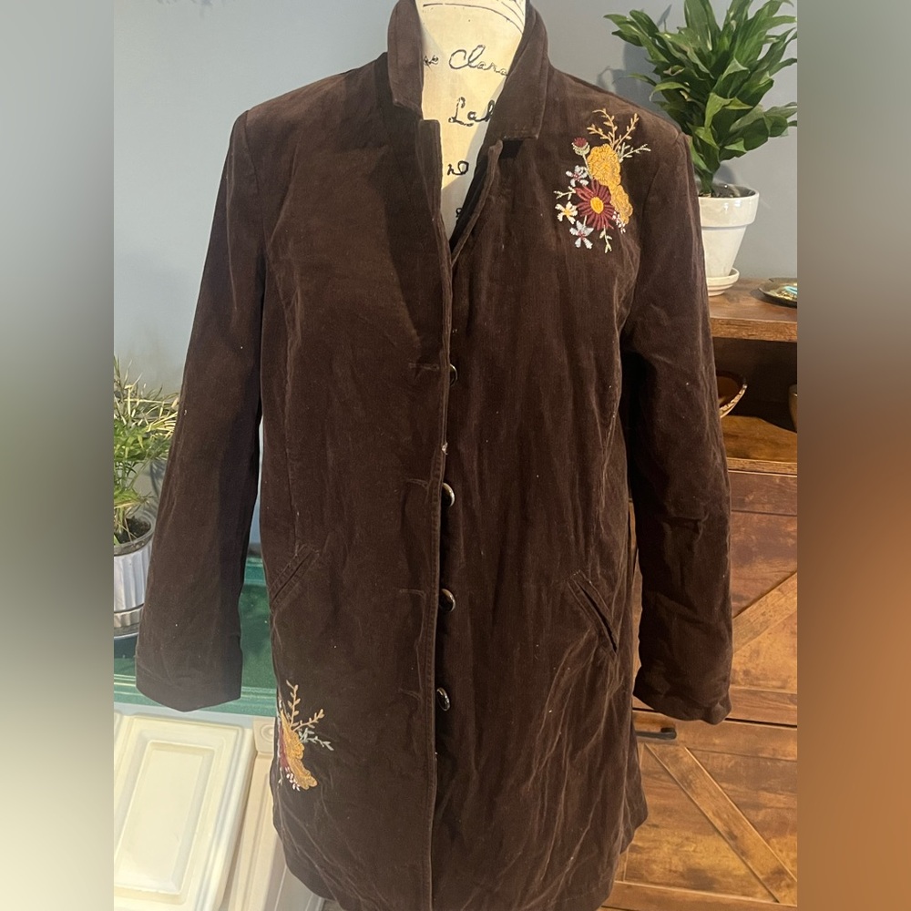 Vintage Chadwicks Boston Boho Corduroy Floral Embroidered Coat Size 12 Festival